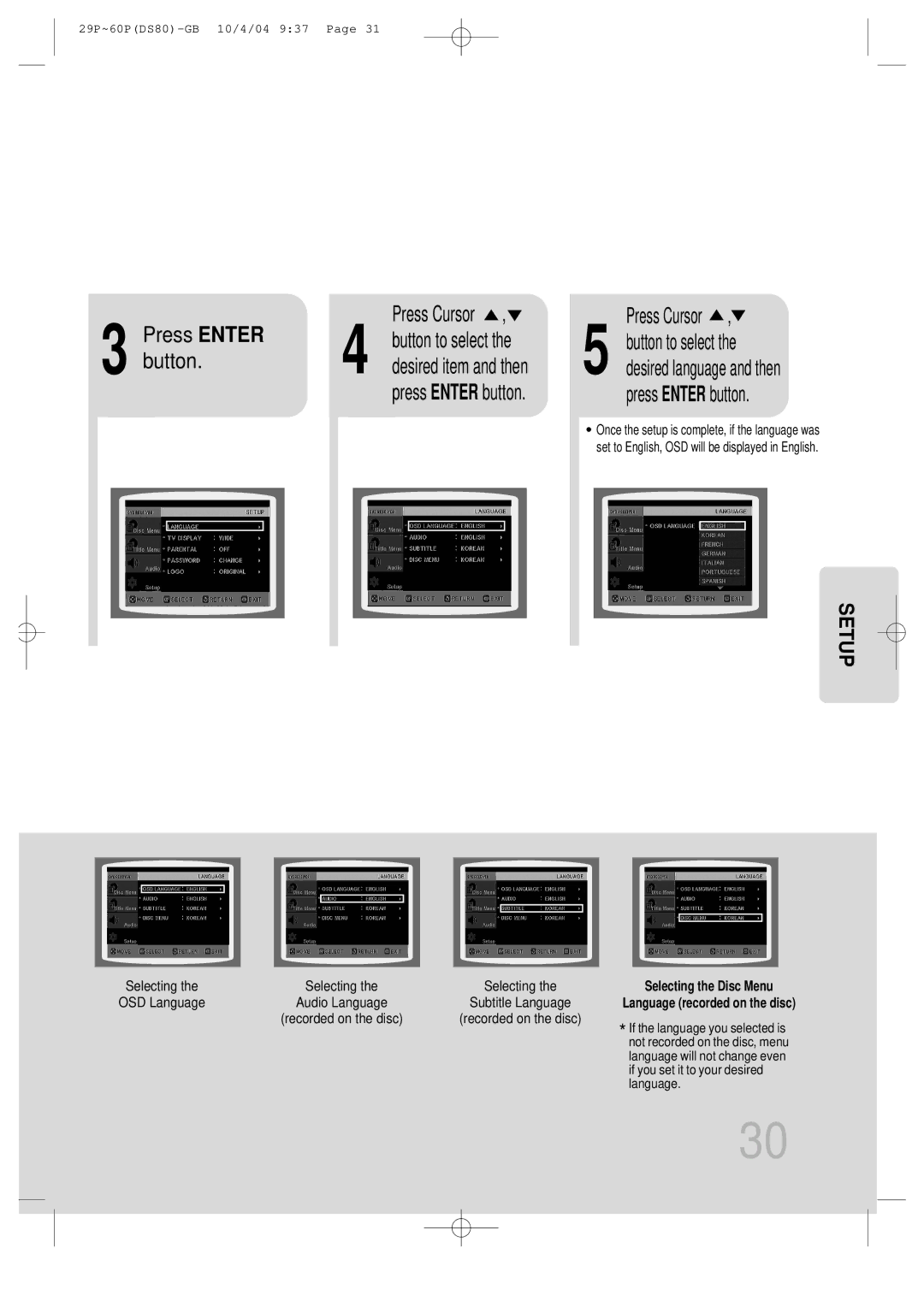 Samsung MMDS80RH/ELS manual Press Enter, Setup 