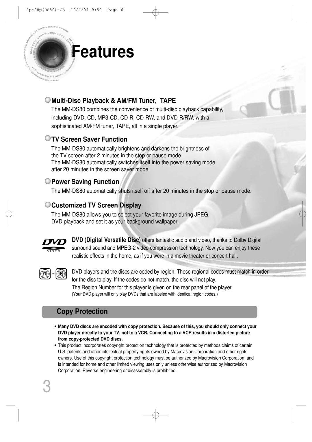 Samsung MMDS80RH/ELS manual Features, Copy Protection 