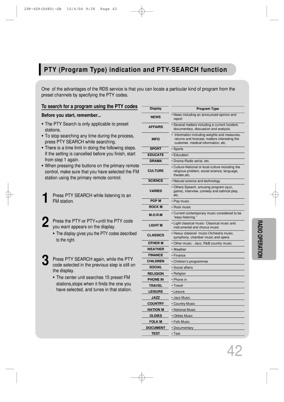 Samsung MMDS80RH/ELS manual PTY Program Type indication and PTY-SEARCH function, Before you start, remember 