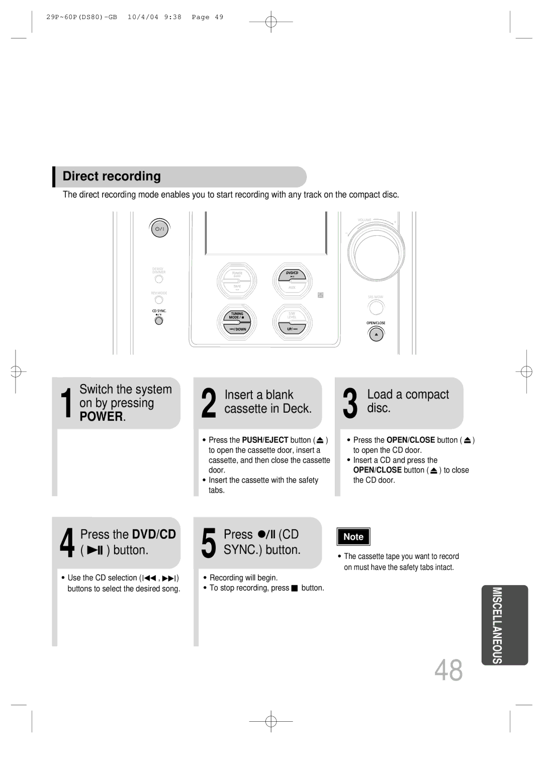 Samsung MMDS80RH/ELS manual Direct recording, Press the DVD/CD Button SYNC. button 