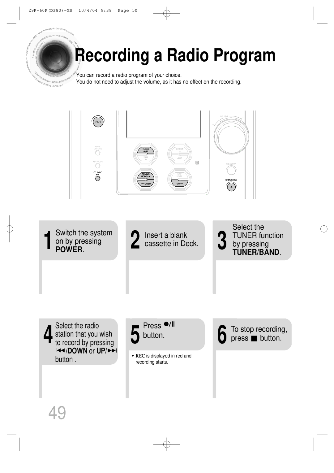 Samsung MMDS80RH/ELS manual Recording a Radio Program, Switch the system Insert a blank Select, Select the radio 