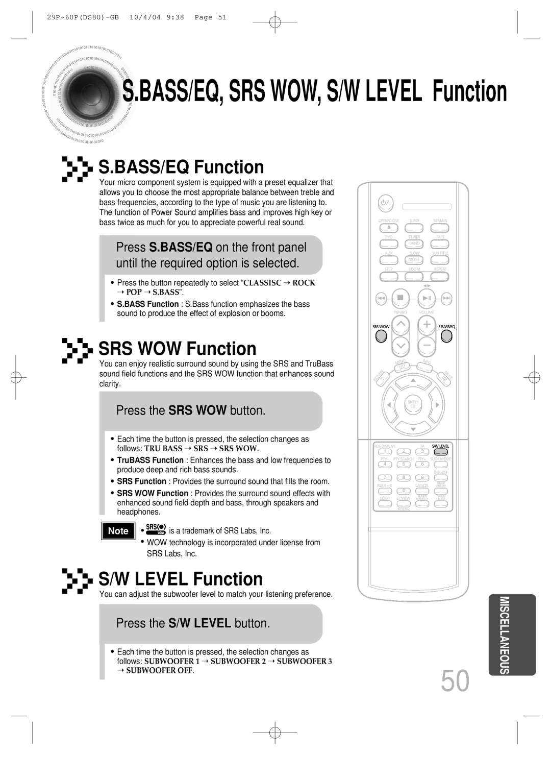 Samsung MMDS80RH/ELS manual Press the SRS WOW button, Press the S/W Level button 