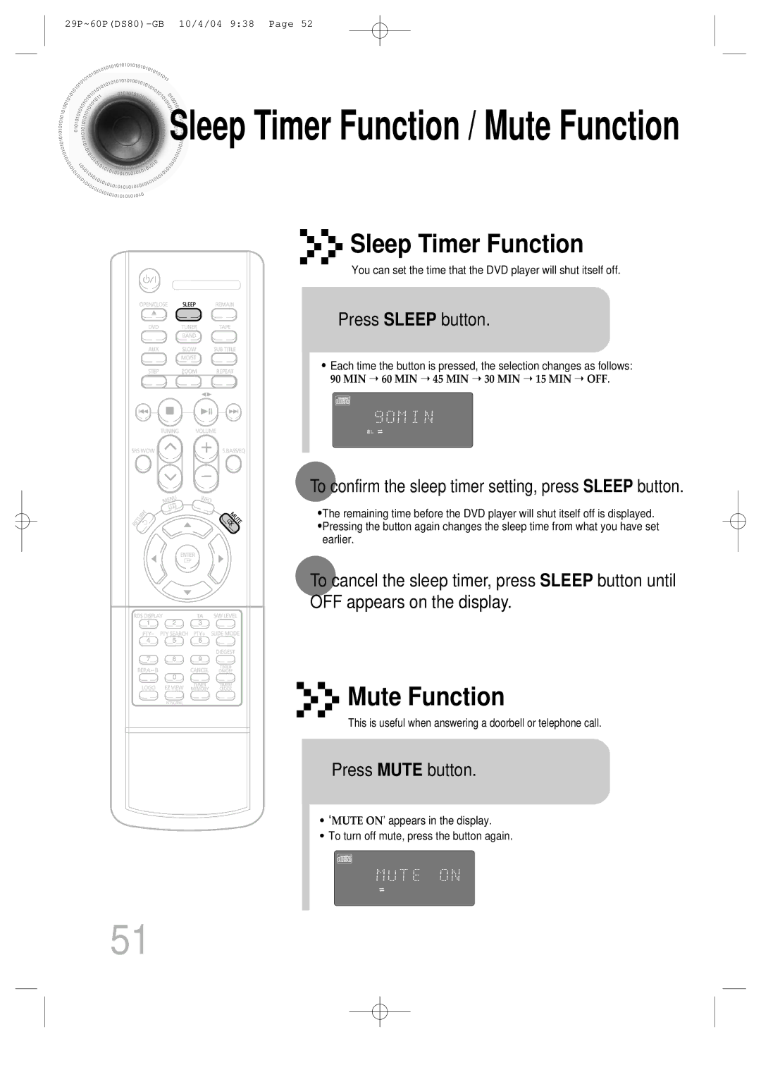 Samsung MMDS80RH/ELS manual Press Sleep button, To confirm the sleep timer setting, press Sleep button, Press Mute button 