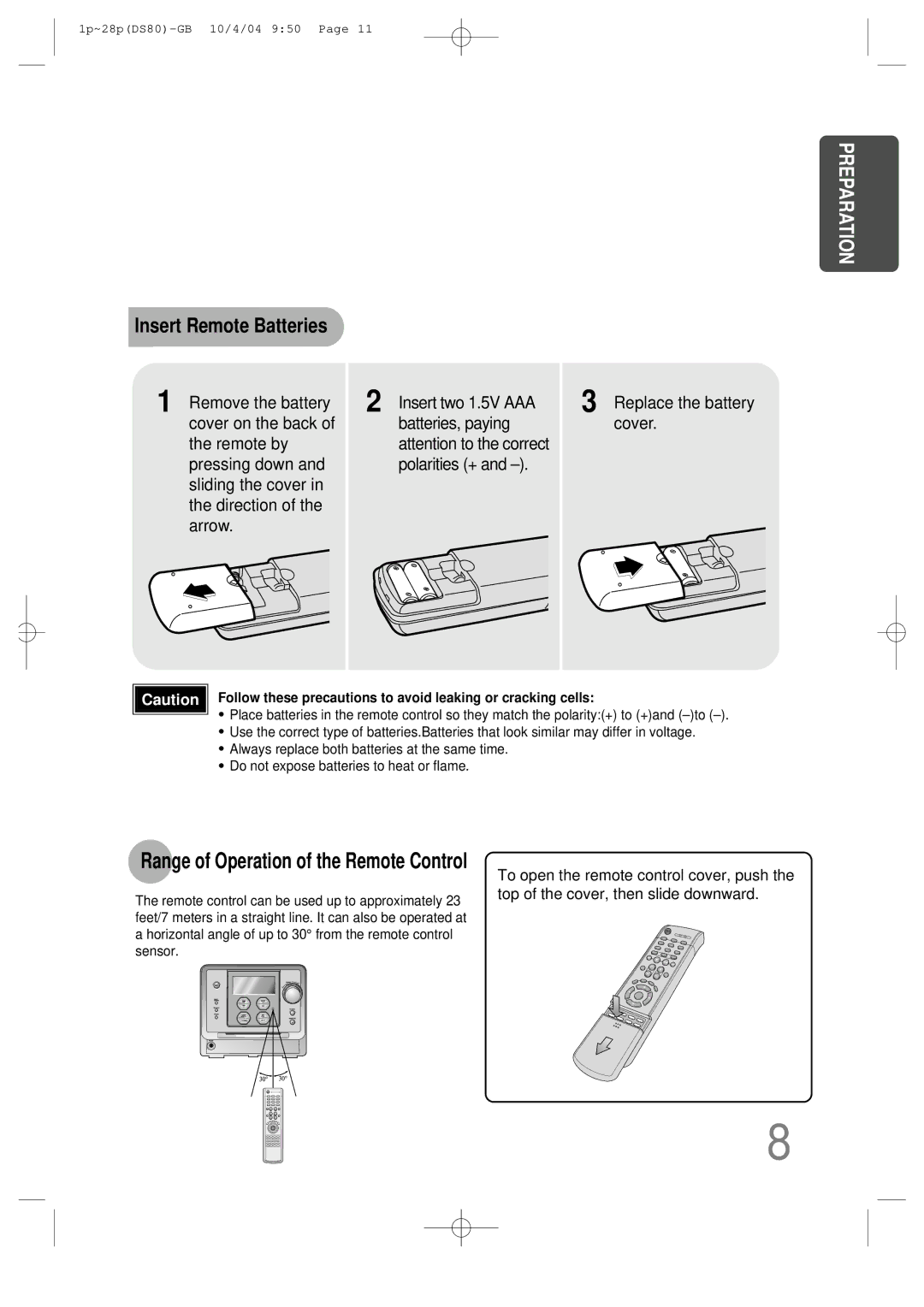 Samsung MMDS80RH/ELS manual Insert Remote Batteries, Replace the battery cover 