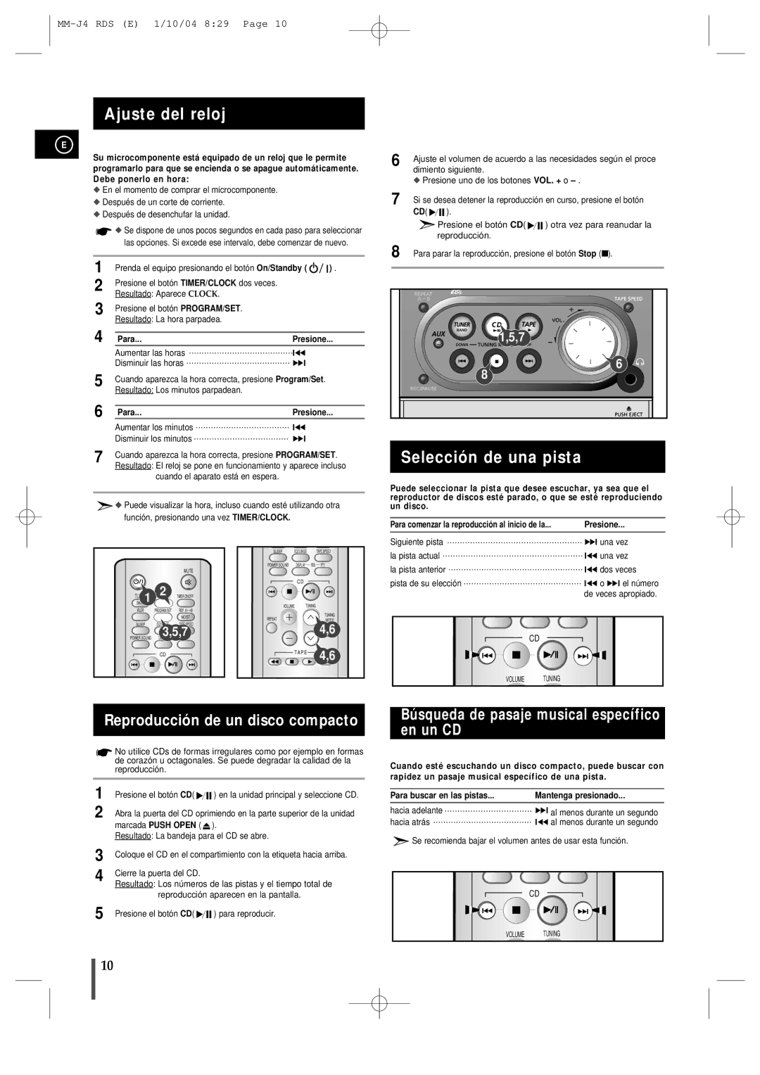 Samsung MMJ4RH/ELS, MM-J4 manual Ajuste del reloj, Selección de una pista, Reproducción de un disco compacto, Para Presione 