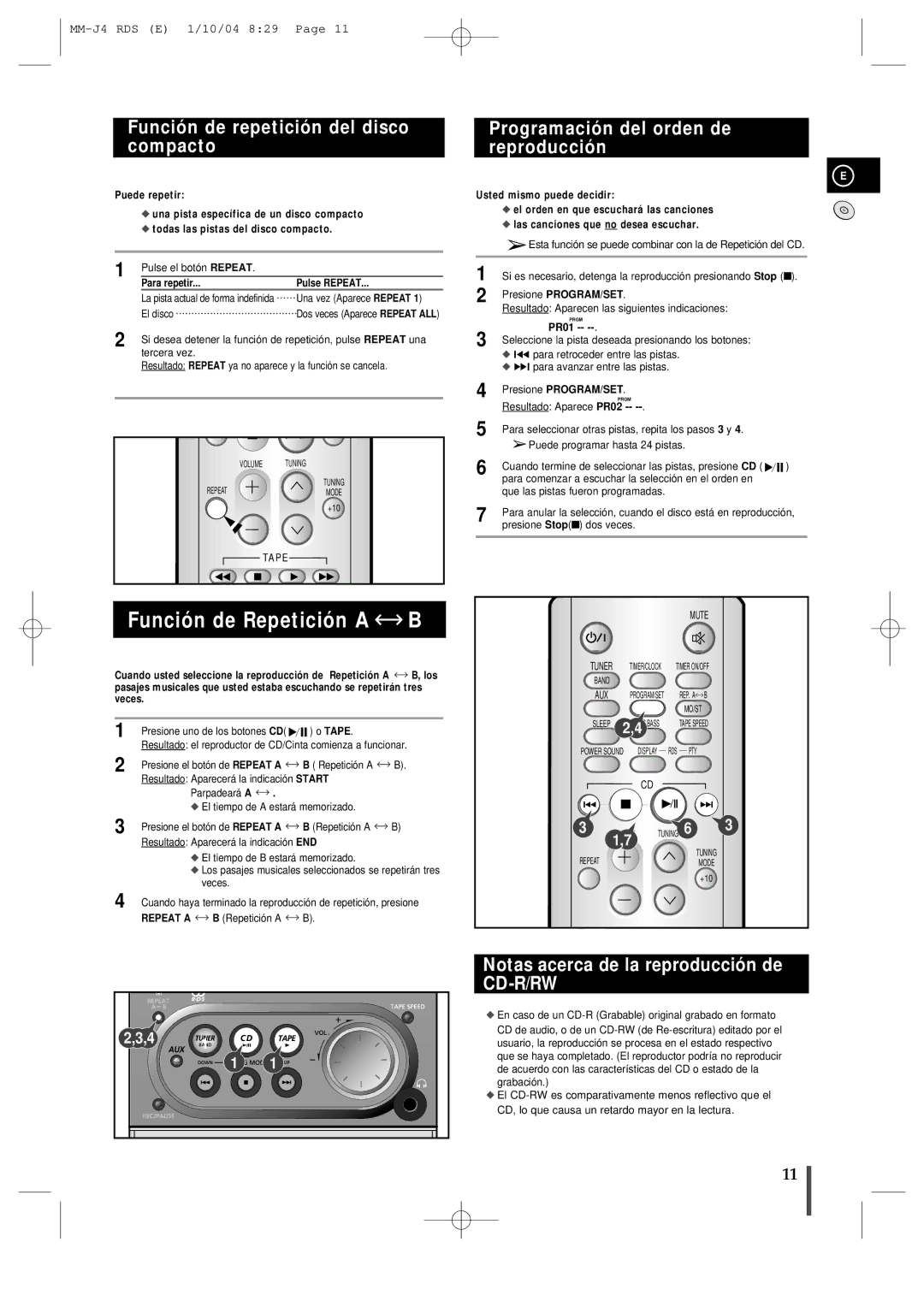 Samsung MM-J4, MMJ4RH/ELS manual Función de repetición del disco compacto, Programación del orden de reproducción 