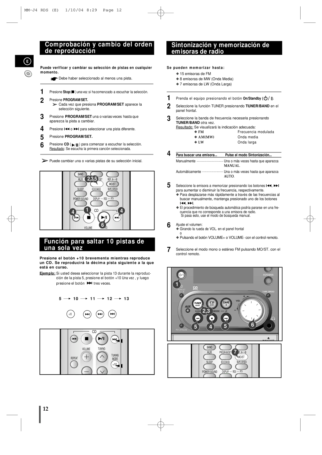 Samsung MMJ4RH/ELS, MM-J4 Función para saltar 10 pistas de una sola vez, Sintonización y memorización de emisoras de radio 