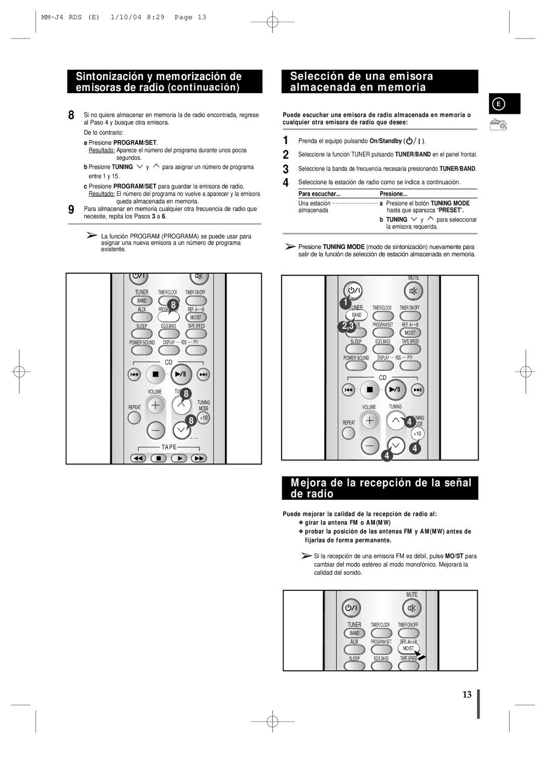 Samsung MM-J4 manual Selección de una emisora almacenada en memoria, Mejora de la recepción de la señal de radio, Tuning 