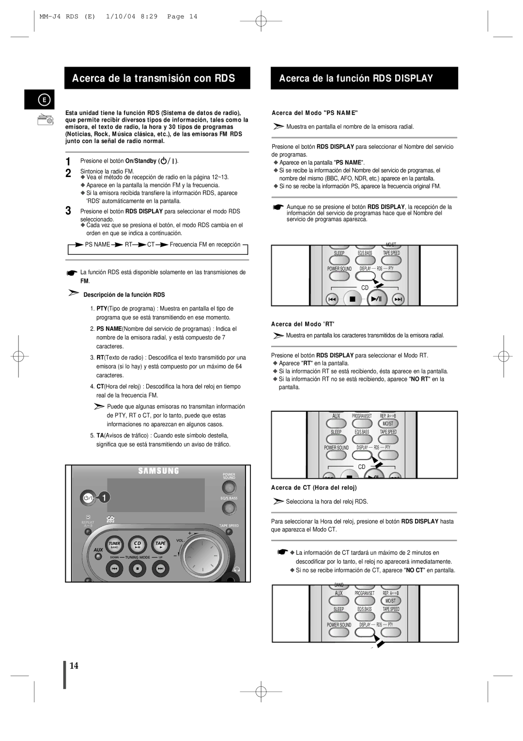 Samsung MMJ4RH/ELS, MM-J4 manual Acerca de la transmisión con RDS, Descripción de la función RDS, Acerca del Modo PS Name 