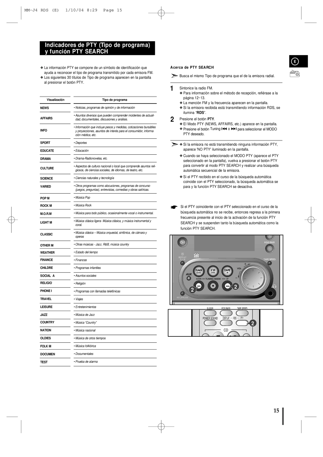 Samsung MM-J4, MMJ4RH/ELS manual Indicadores de PTY Tipo de programa y función PTY Search, Acerca de PTY Search 