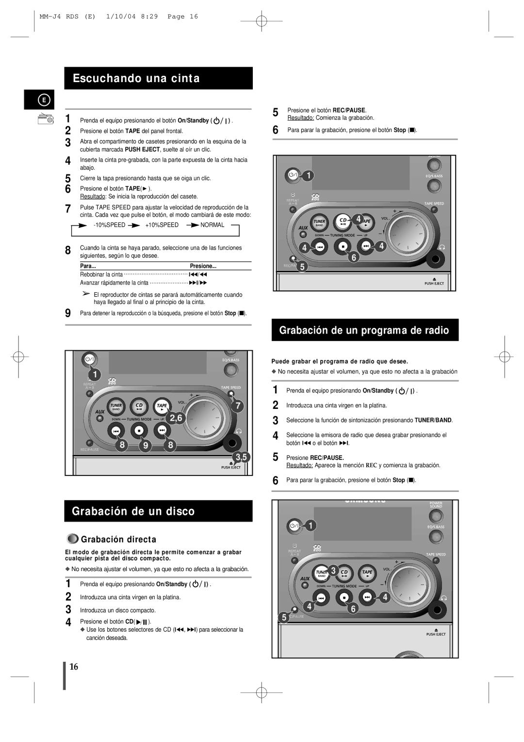 Samsung MMJ4RH/ELS Escuchando una cinta, Grabación de un disco, Grabación de un programa de radio, Presione REC/PAUSE 