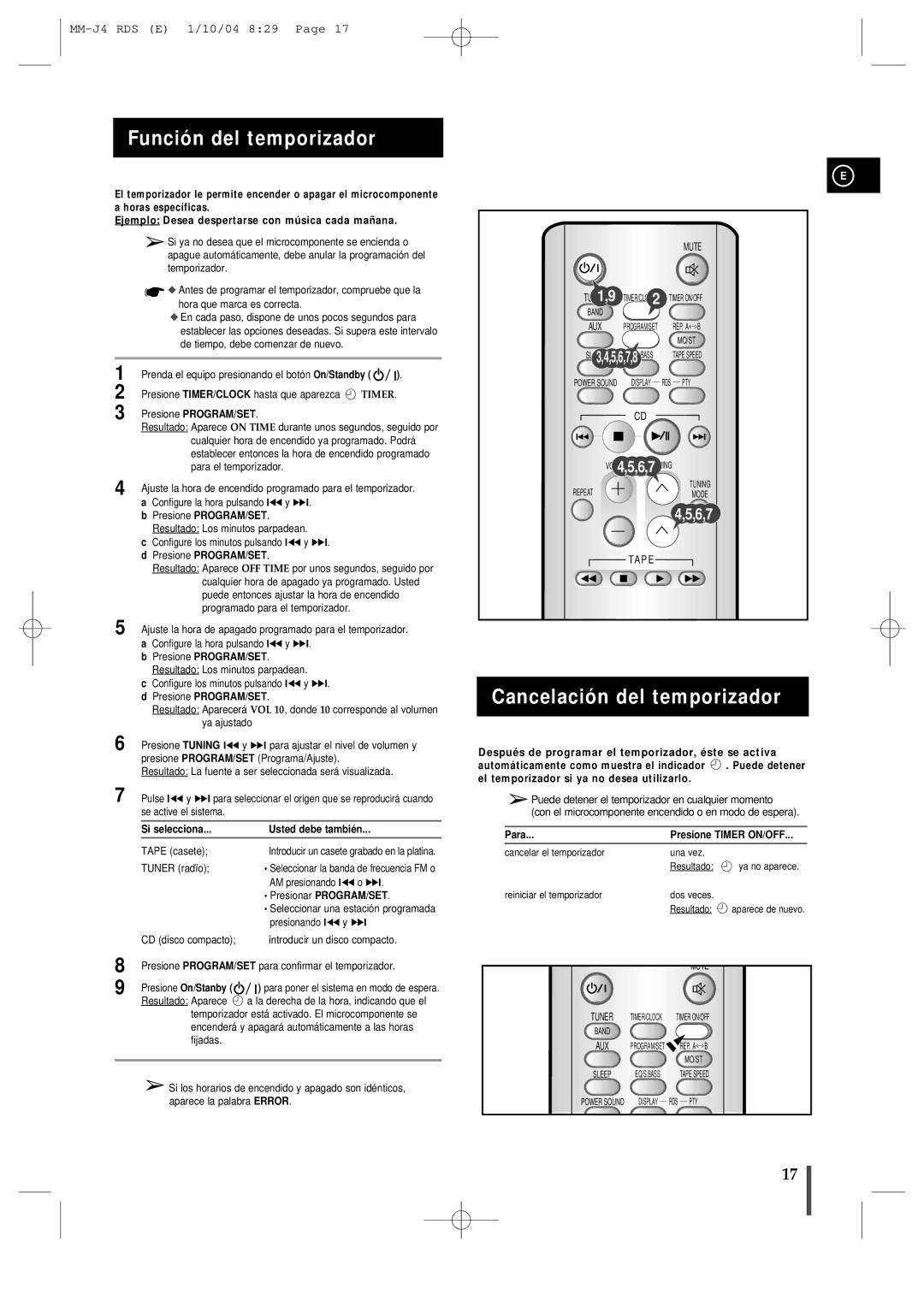 Samsung MM-J4, MMJ4RH/ELS Función del temporizador, Cancelación del temporizador, Si selecciona Usted debe también, Para 