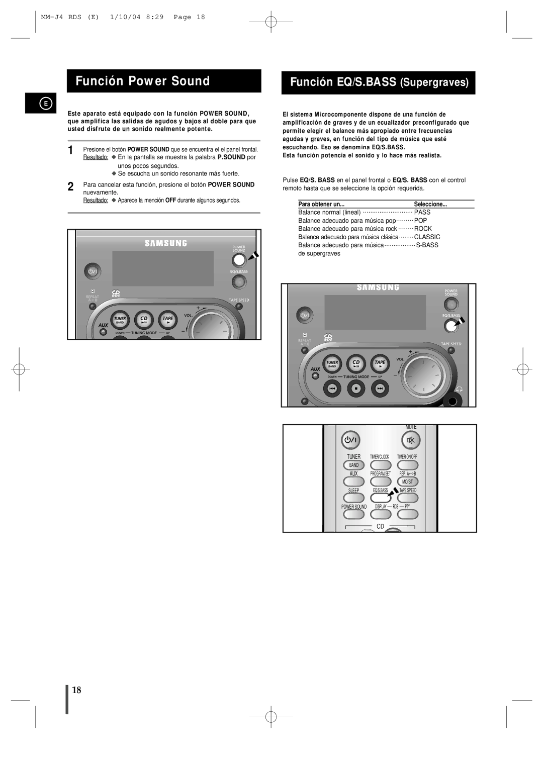 Samsung MMJ4RH/ELS, MM-J4 manual Función EQ/S.BASS Supergraves, Para obtener un Seleccione 