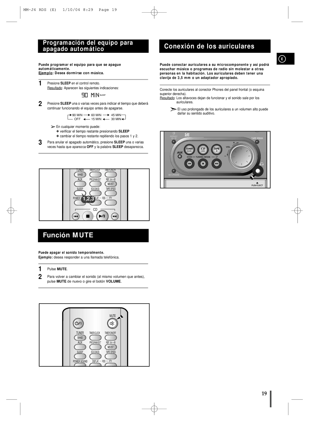 Samsung MM-J4, MMJ4RH/ELS manual Función Mute, Conexión de los auriculares, Programación del equipo para apagado automático 