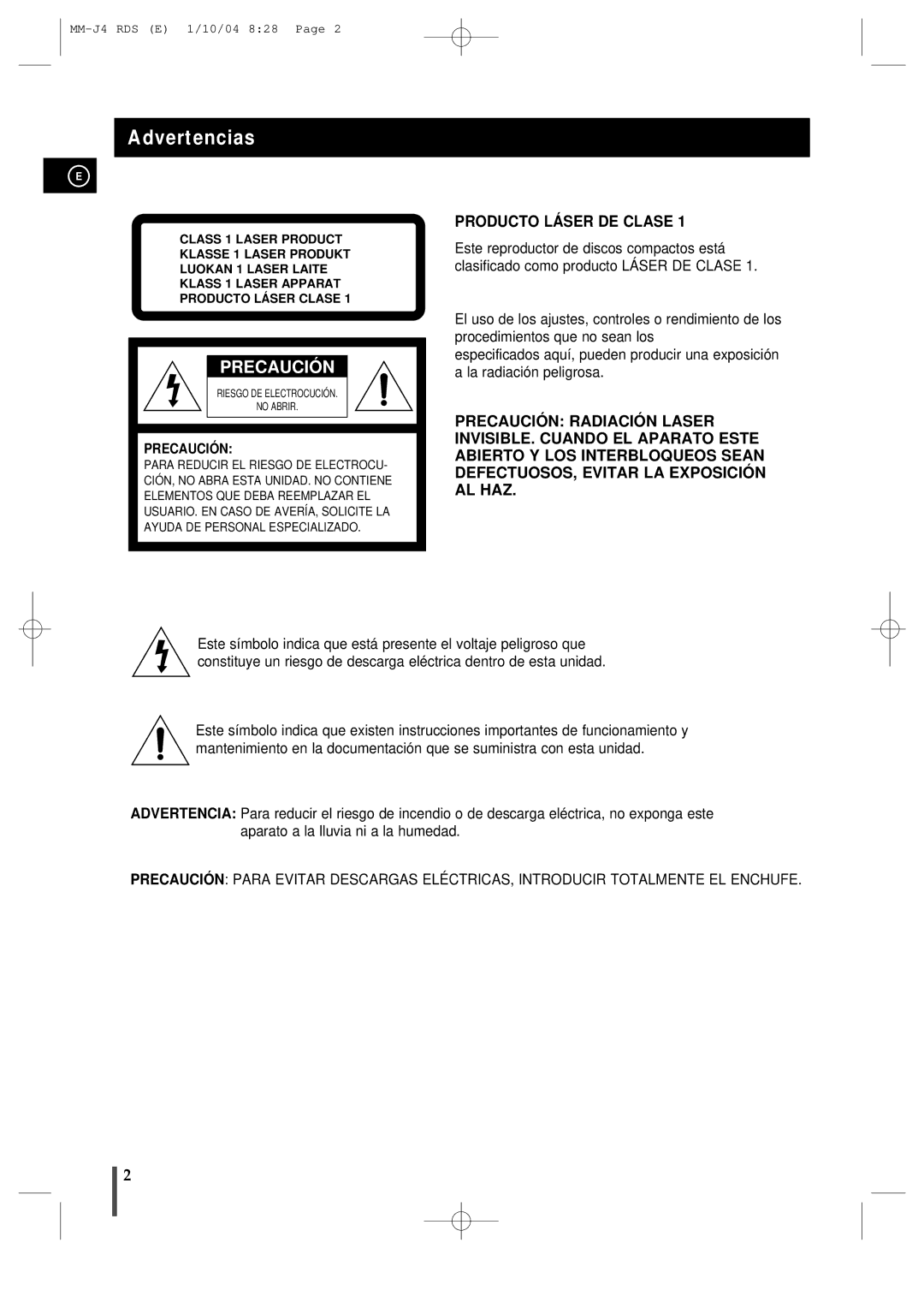 Samsung MMJ4RH/ELS, MM-J4 manual Advertencias, Precaución 