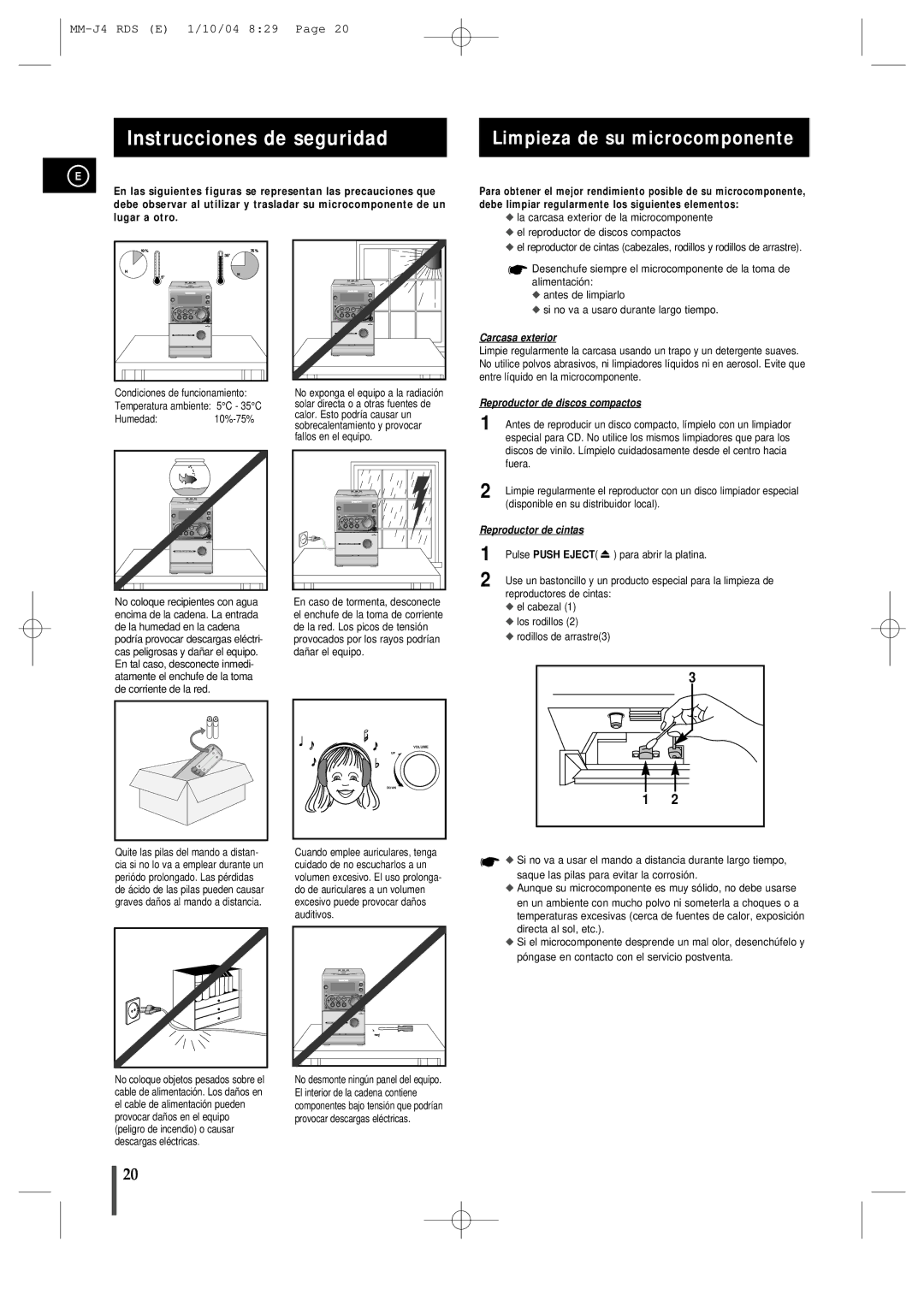 Samsung MMJ4RH/ELS, MM-J4 manual Instrucciones de seguridad, Limpieza de su microcomponente, Pulse Push Eject 