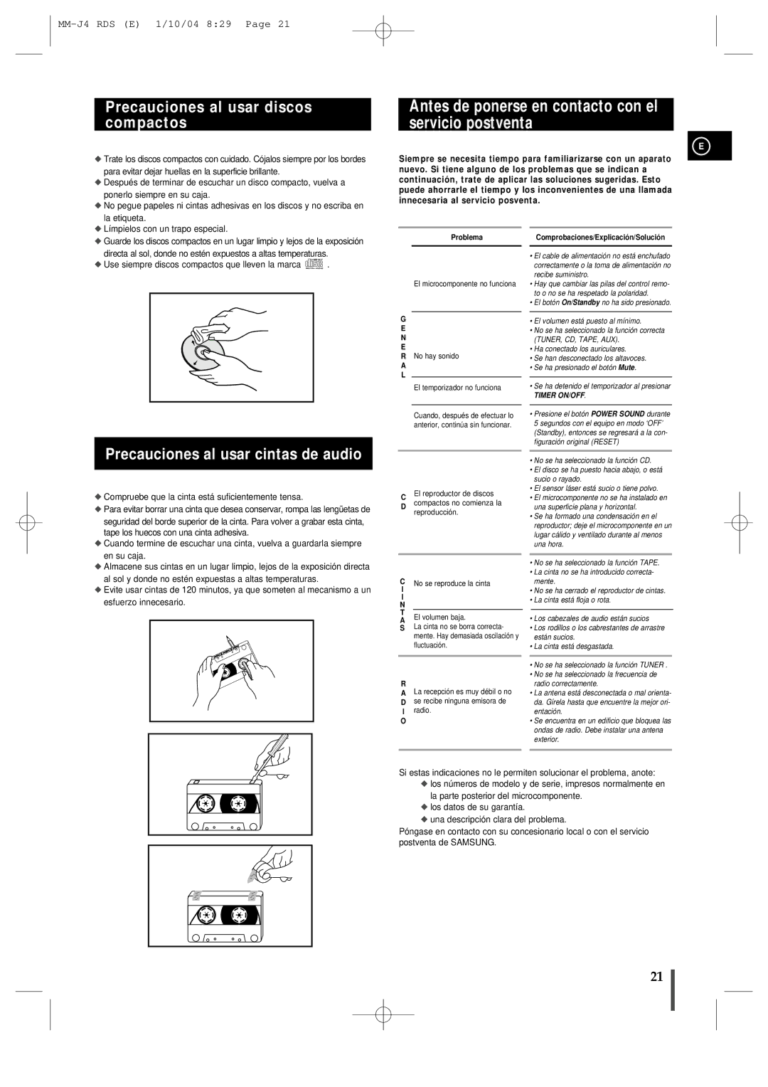 Samsung MM-J4, MMJ4RH/ELS Antes de ponerse en contacto con el servicio postventa, Precauciones al usar discos compactos 