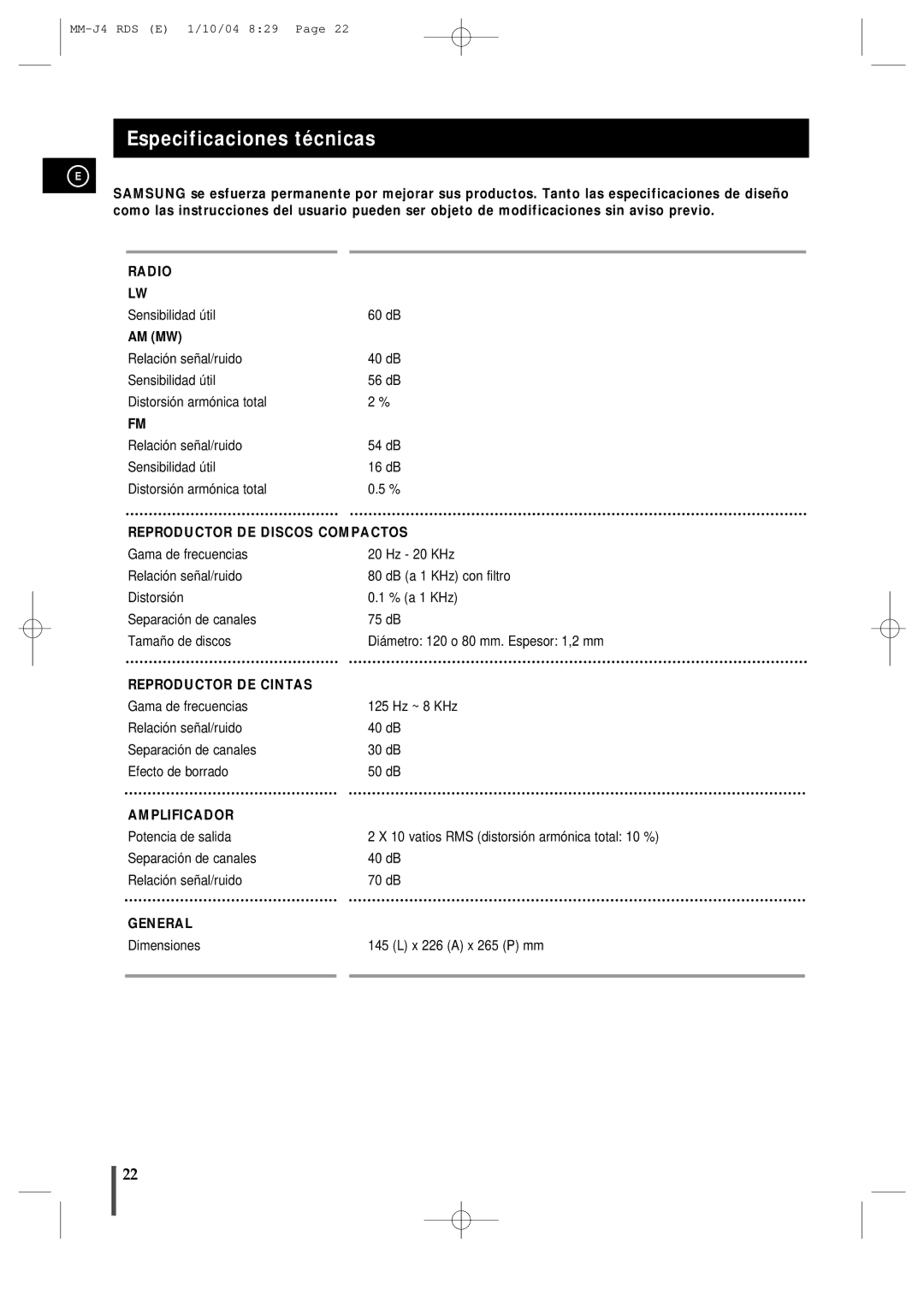 Samsung MMJ4RH/ELS, MM-J4 manual Especificaciones técnicas, Reproductor DE Discos Compactos 