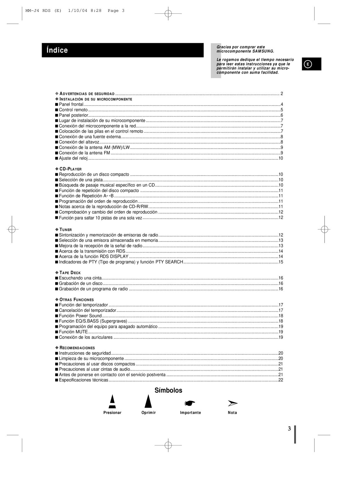 Samsung MM-J4 manual Índice, Antes de ponerse en contacto con el servicio postventa, Presionar Oprimir Importante Nota 