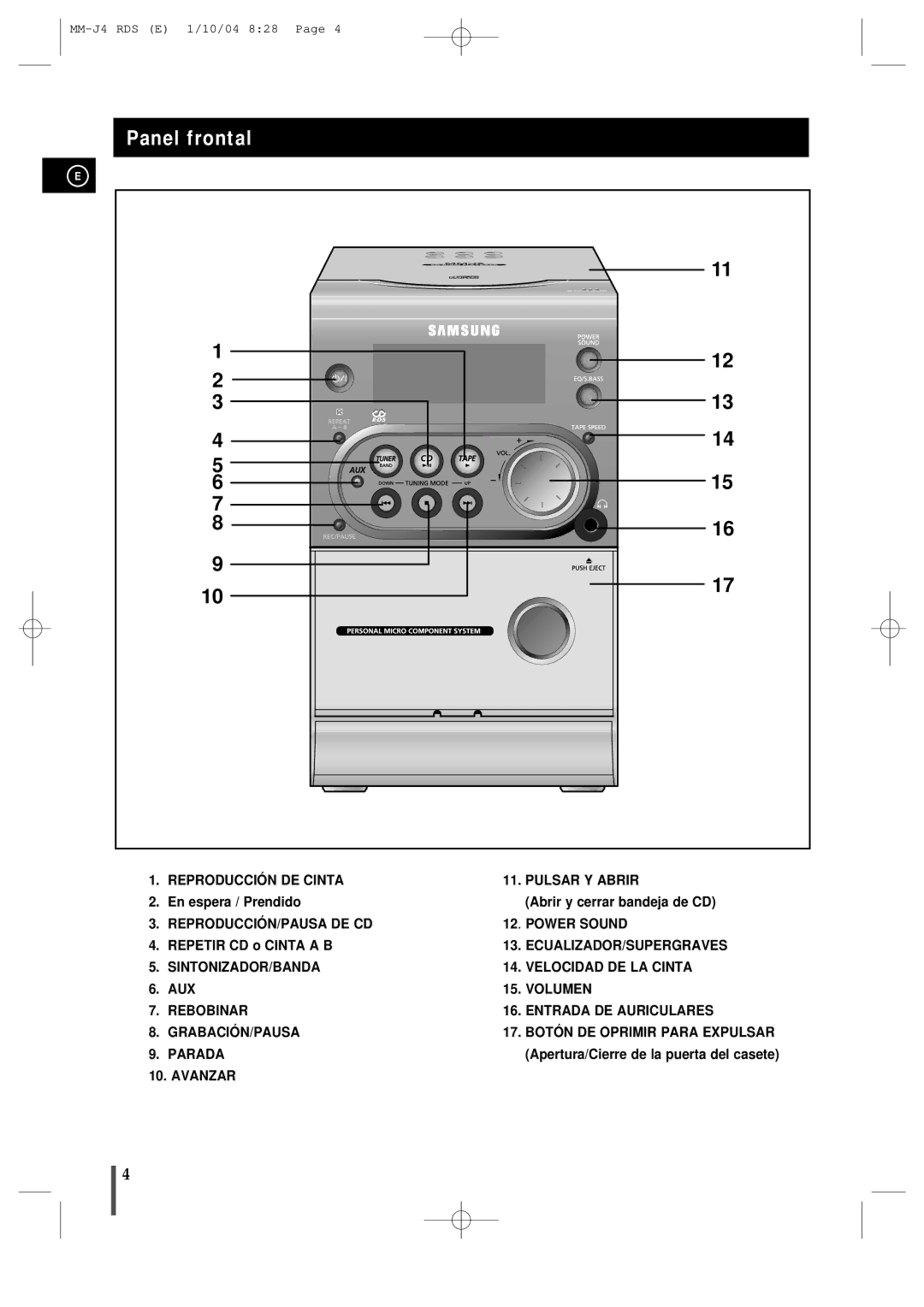 Samsung MMJ4RH/ELS, MM-J4 manual Panel frontal 