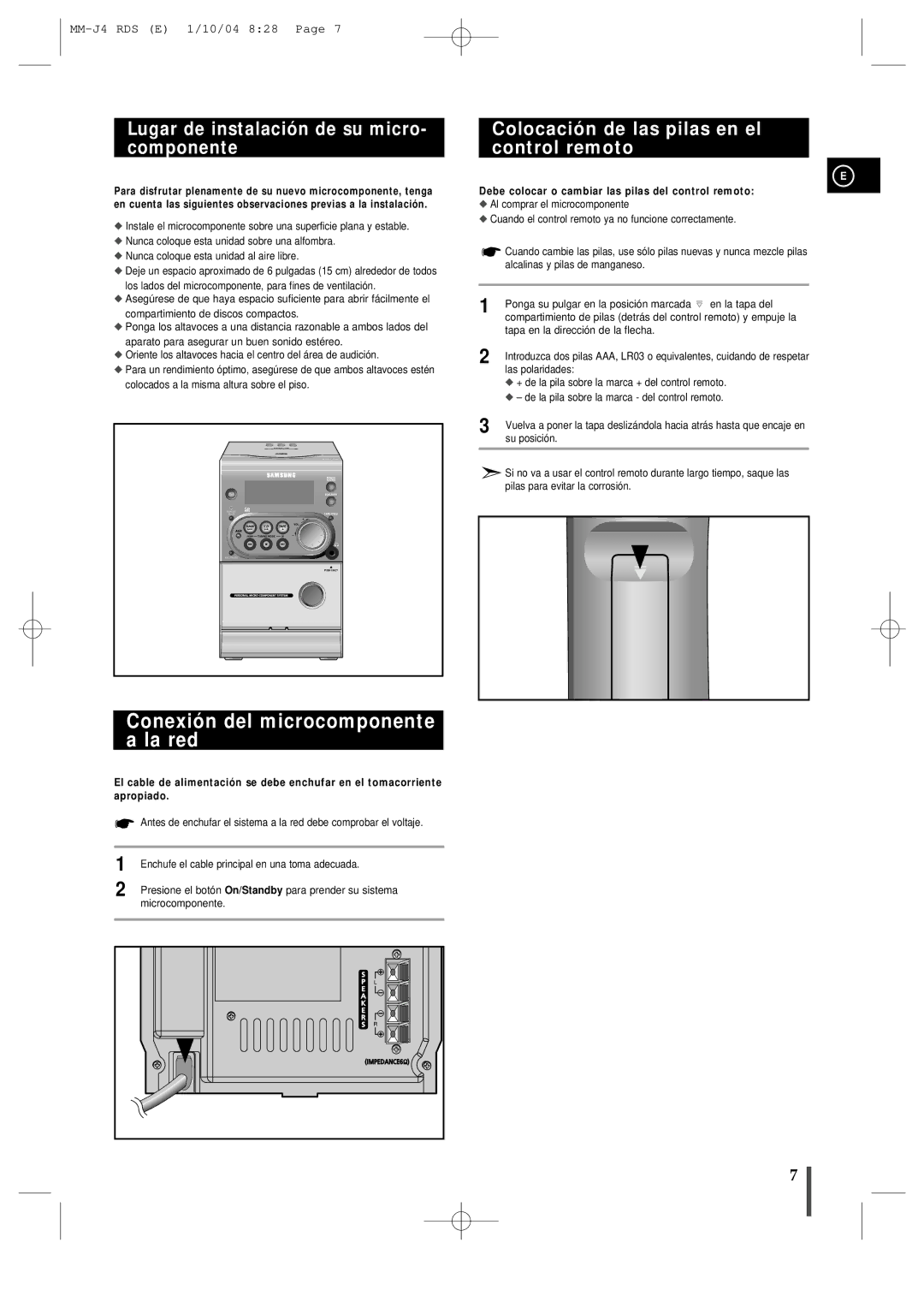 Samsung MM-J4, MMJ4RH/ELS manual Conexión del microcomponente a la red, Lugar de instalación de su micro- componente 