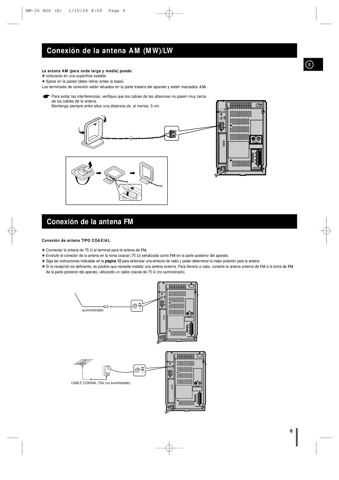 Samsung MM-J4 manual Conexión de la antena AM MW/LW, Conexión de la antena FM, La antena AM para onda larga y media puede 