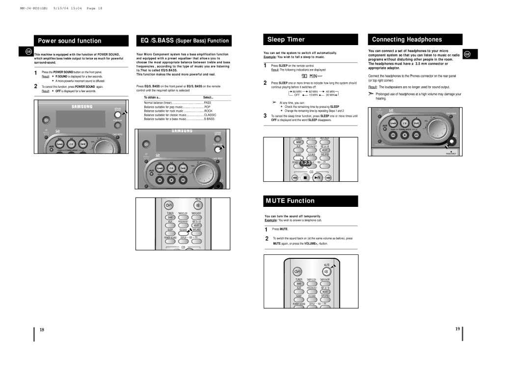 Samsung MMJ4QH/XFO, MM-J4 Power sound function, Connecting Headphones, EQ /S.BASS Super Bass Function, To obtain a Select 