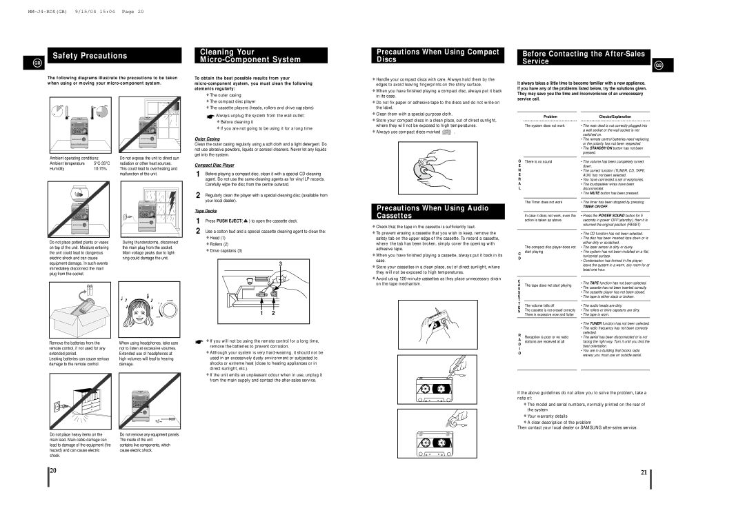 Samsung MM-J4, MMJ4RH/ELS Safety Precautions Cleaning Your Micro-Component System, Precautions When Using Audio Cassettes 