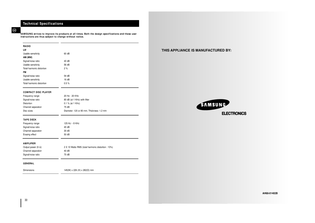 Samsung MMJ4RH/ELS, MMJ4QH/XFO, MM-J4 manual Technical Specifications, This Appliance is Manufactured by 