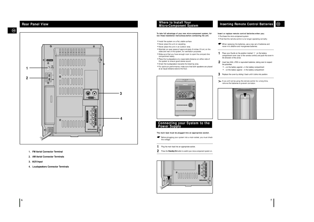 Samsung MMJ4QH/XFO Rear Panel View, Connecting your System to the Power Supply, Inserting Remote Control Batteries GB 