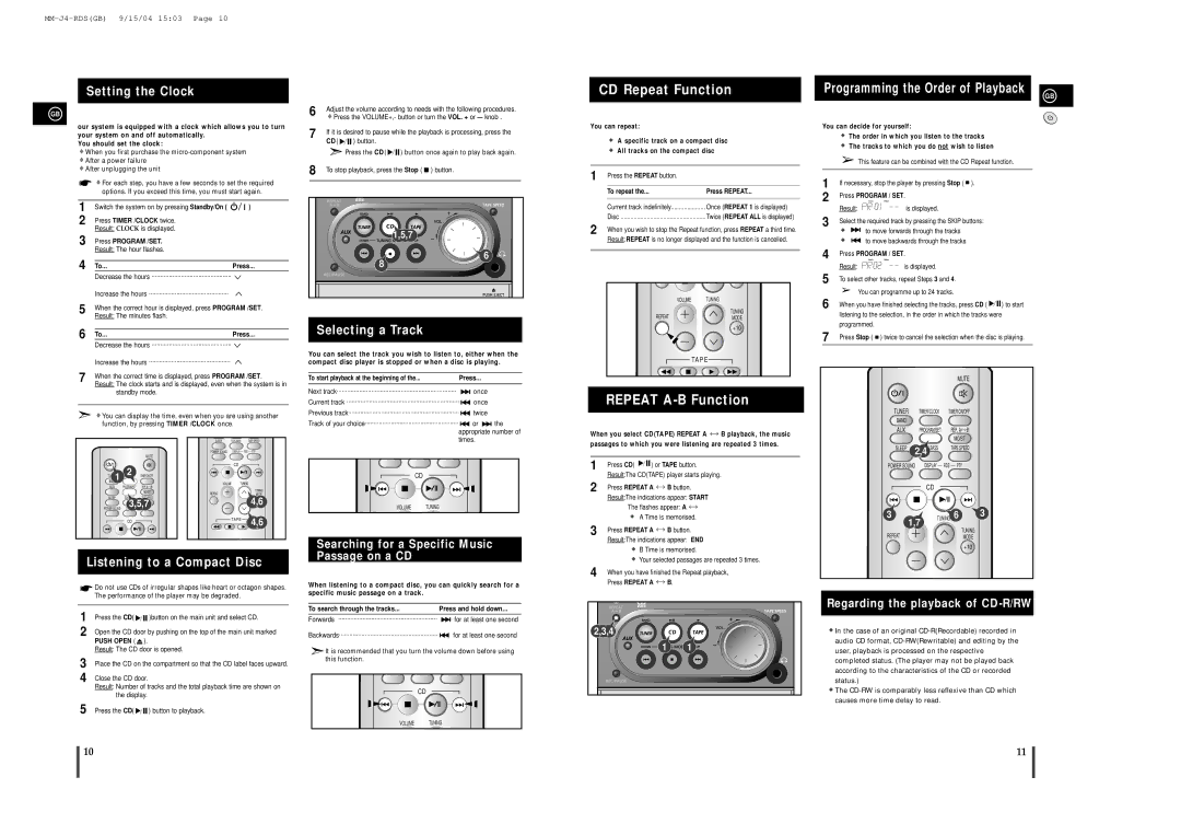 Samsung MMJ4RH/ELS, MMJ4QH/XFO, MM-J4 manual CD Repeat Function, Repeat A-B Function, Setting the Clock, Selecting a Track 