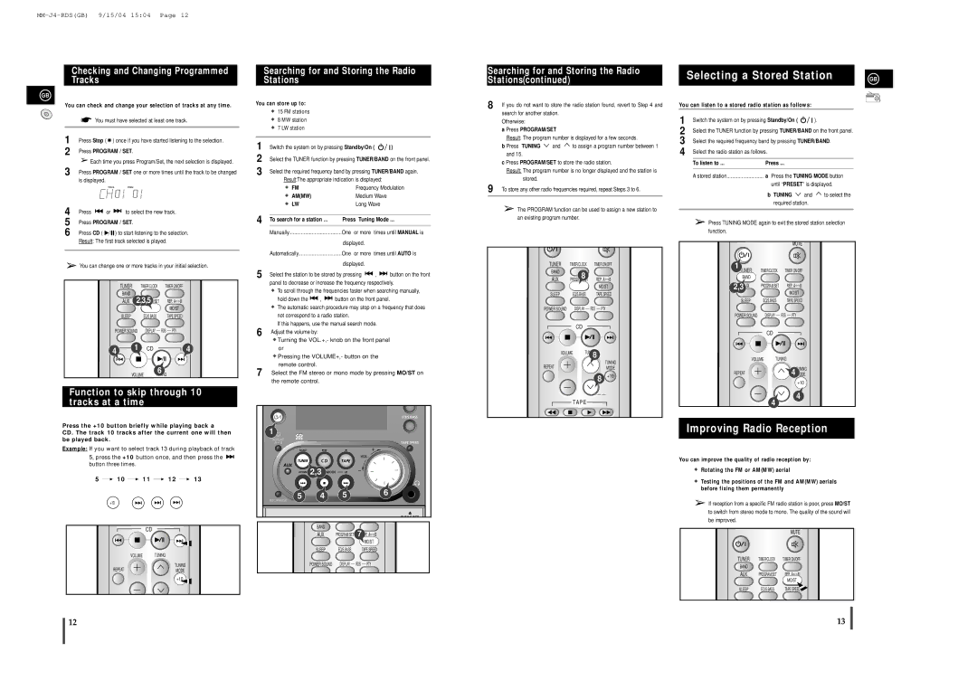 Samsung MMJ4QH/XFO Selecting a Stored Station, Improving Radio Reception, Function to skip through 10 tracks at a time 