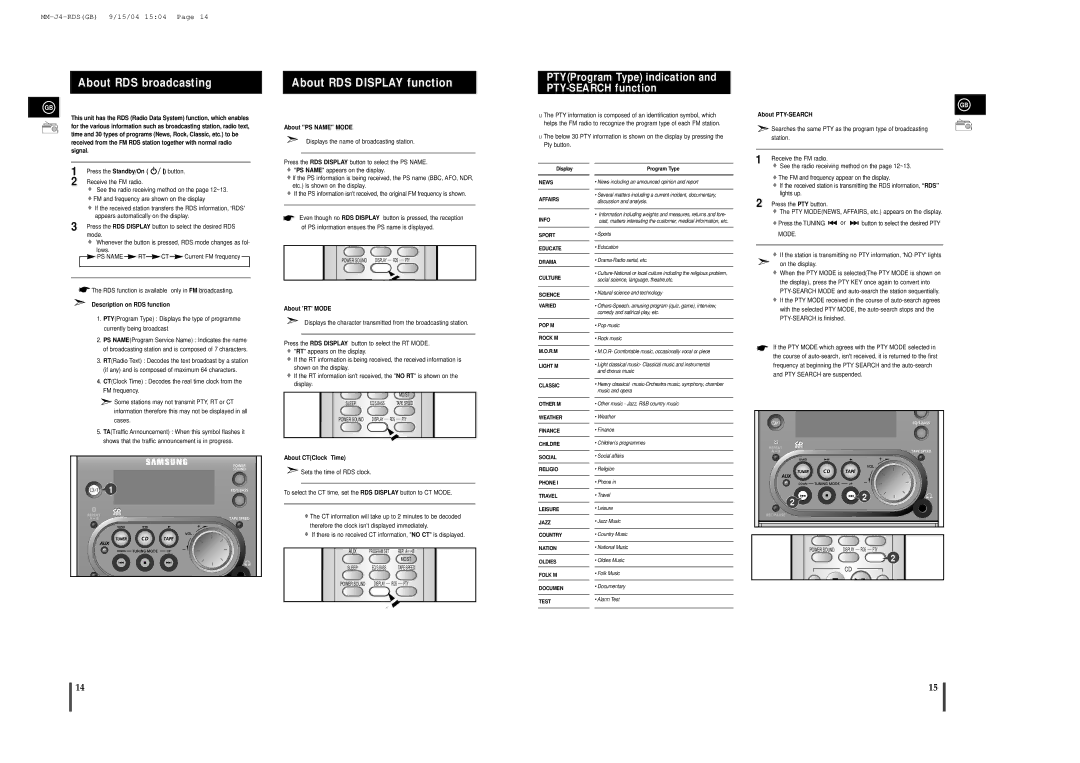 Samsung MM-J4 manual About RDS broadcasting, About RDS Display function, PTYProgram Type indication and PTY-SEARCH function 