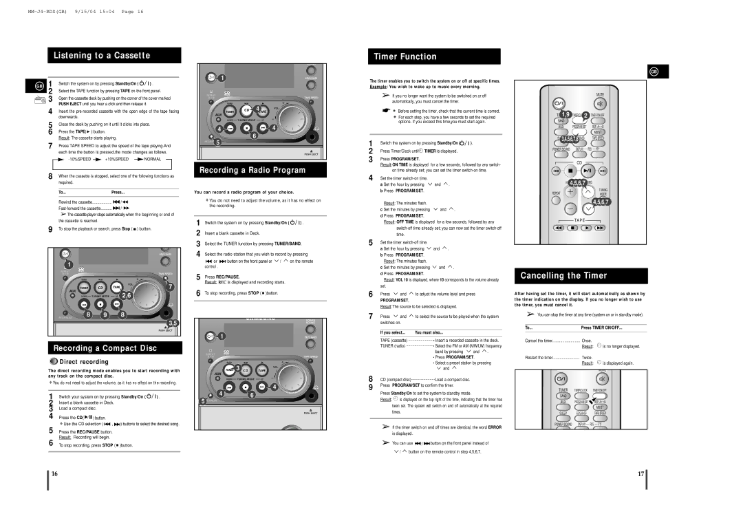 Samsung MMJ4RH/ELS, MMJ4QH/XFO Listening to a Cassette, Timer Function, Cancelling the Timer, Recording a Radio Program 