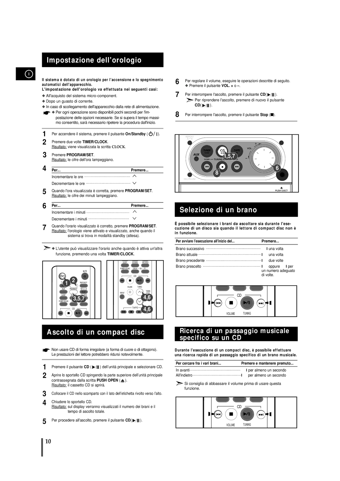 Samsung MMJ4RH/ELS, MMJ4QH/XFO manual Impostazione dellorologio, Selezione di un brano, Ascolto di un compact disc 