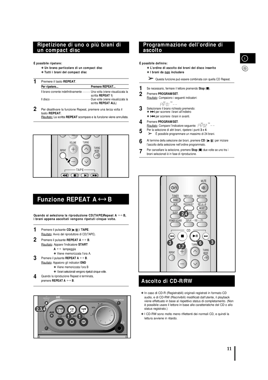 Samsung MMJ4QH/XFO, MMJ4RH/ELS Funzione Repeat a B, Ripetizione di uno o più brani di un compact disc, Ascolto di CD-R/RW 