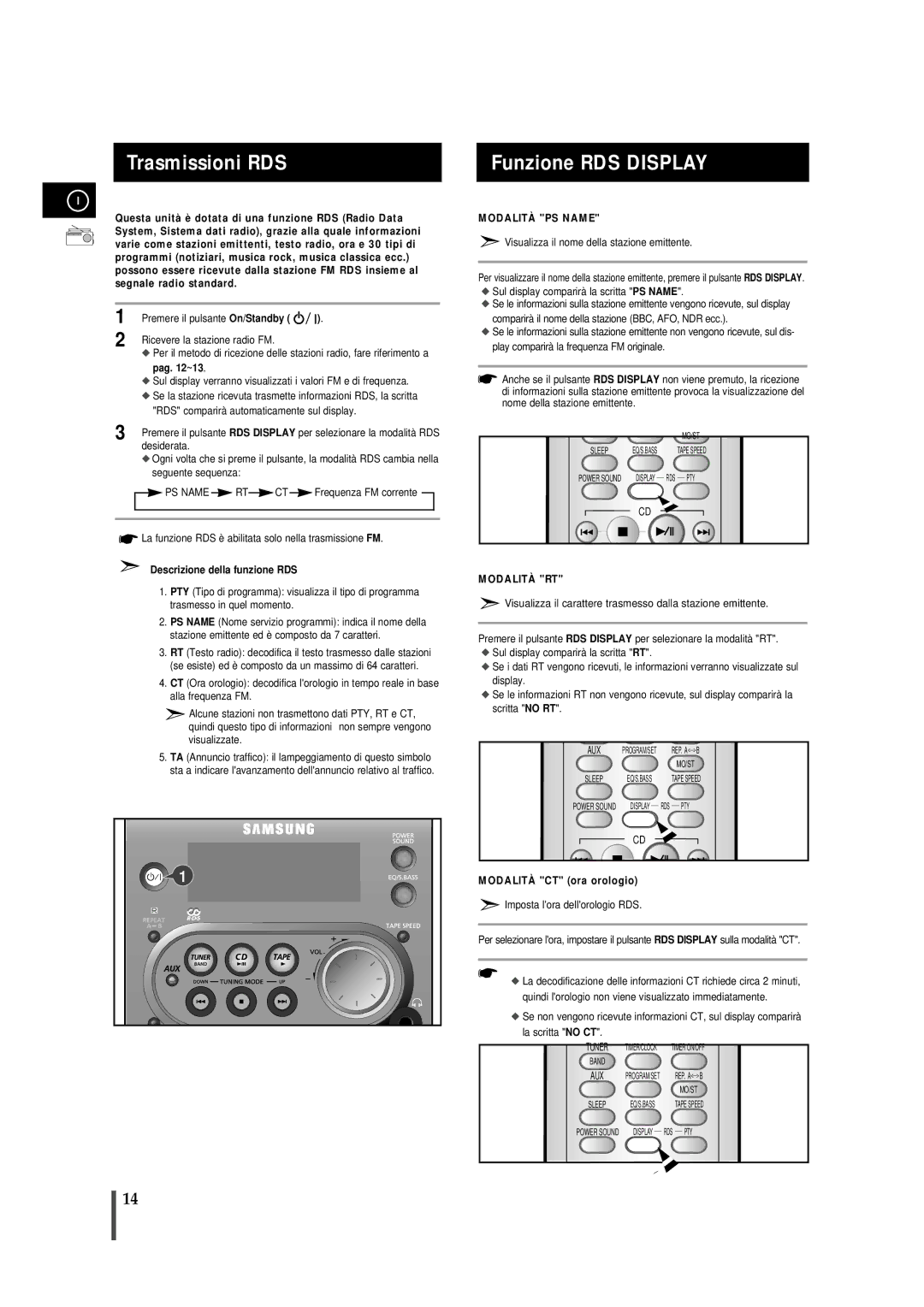 Samsung MMJ4RH/ELS manual Trasmissioni RDS, Funzione RDS Display, Descrizione della funzione RDS, Modalità CT ora orologio 