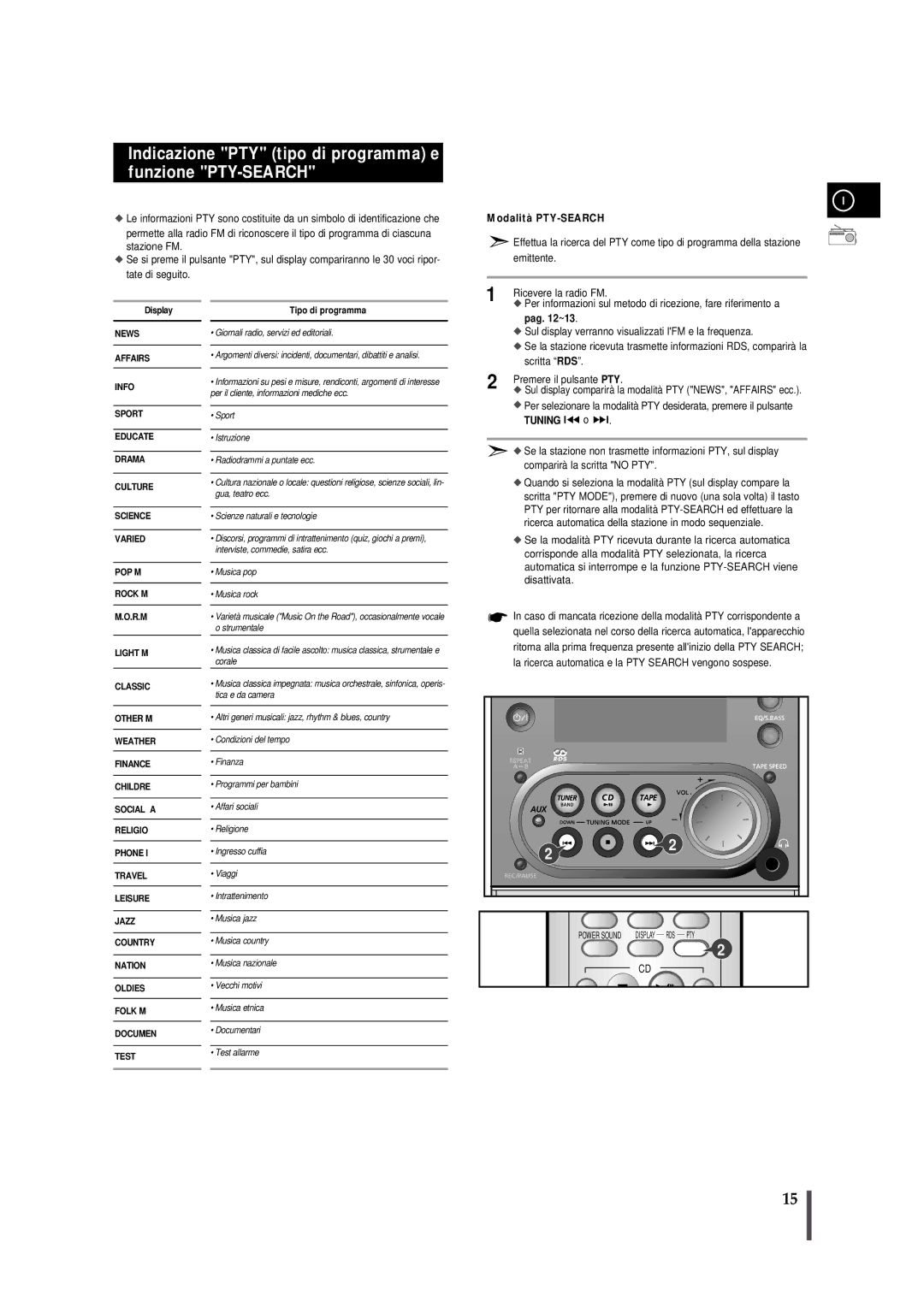 Samsung MMJ4QH/XFO, MMJ4RH/ELS manual Indicazione PTY tipo di programma e funzione PTY-SEARCH, Modalità PTY-SEARCH 