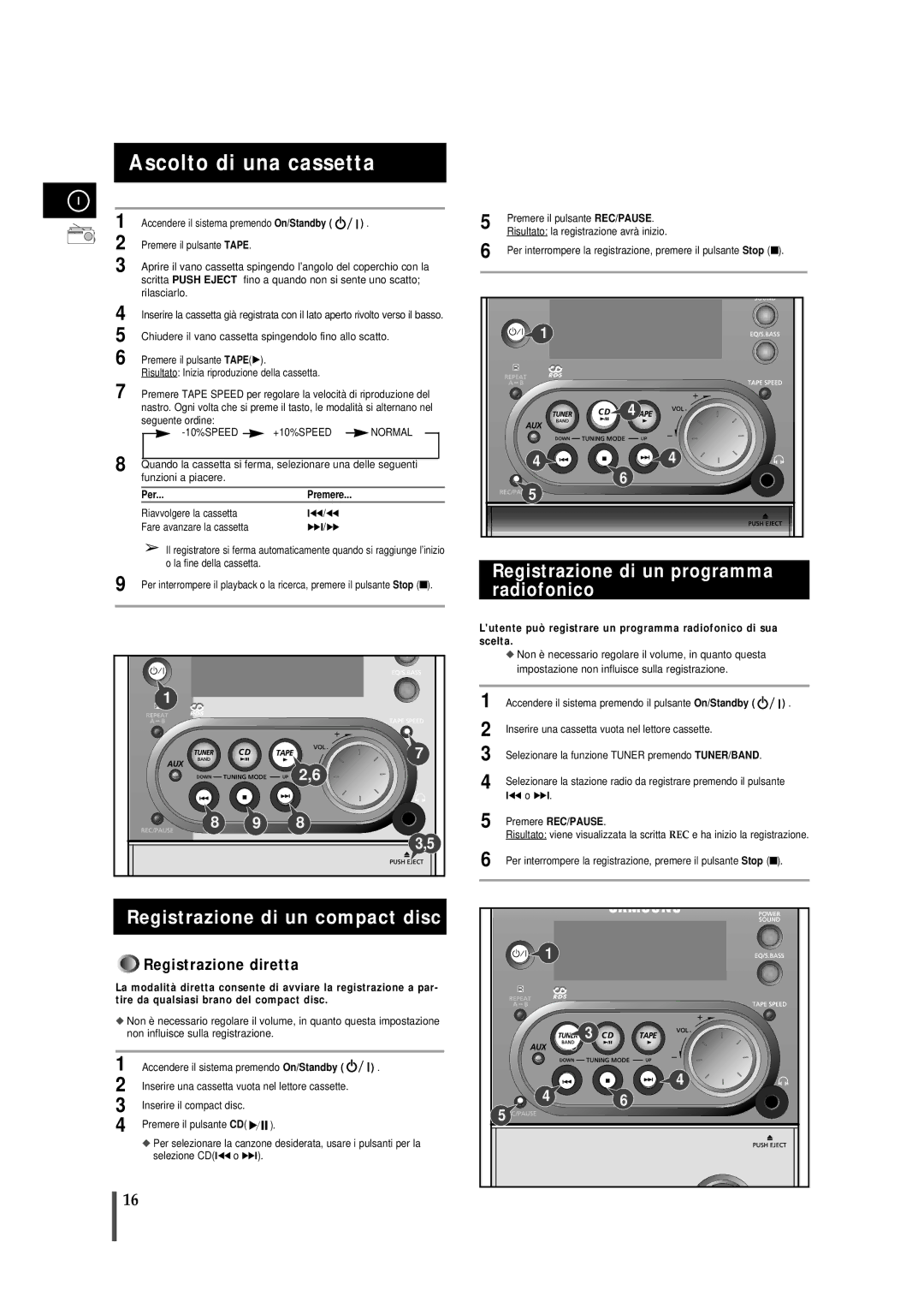 Samsung MMJ4RH/ELS Ascolto di una cassetta, Registrazione di un programma radiofonico, Registrazione di un compact disc 