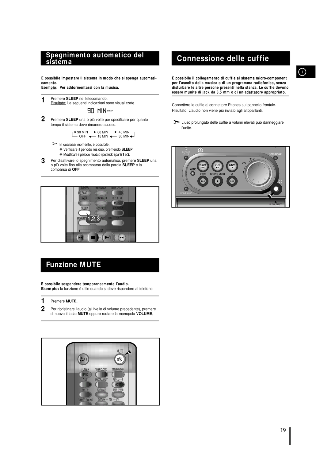 Samsung MMJ4QH/XFO, MMJ4RH/ELS manual Connessione delle cuffie, Funzione Mute, Spegnimento automatico del sistema 