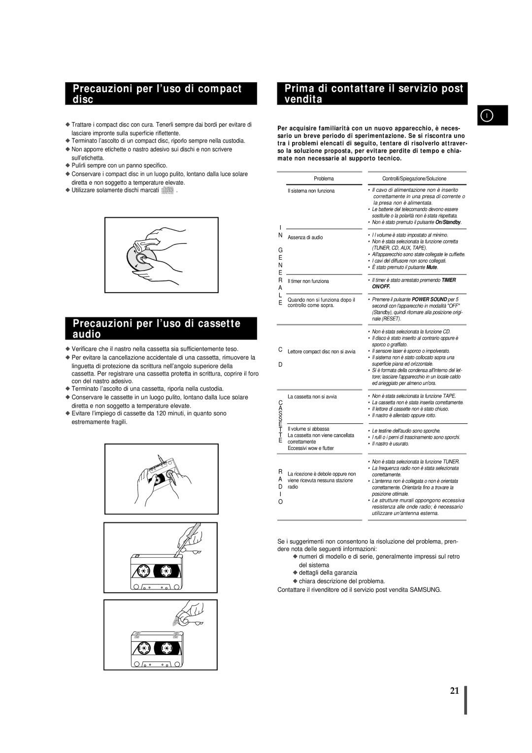 Samsung MMJ4QH/XFO, MMJ4RH/ELS manual Precauzioni per l’uso di compact disc, Prima di contattare il servizio post vendita 