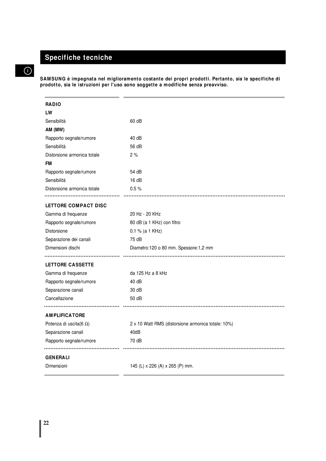 Samsung MMJ4RH/ELS, MMJ4QH/XFO manual Specifiche tecniche, Lettore Compact Disc 