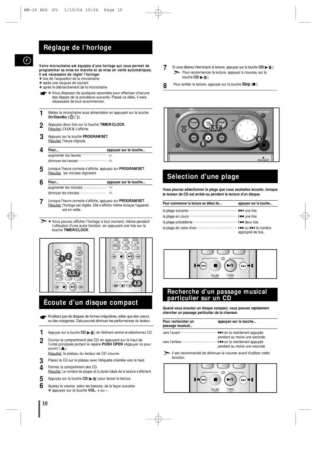 Samsung MMJ4RH/ELS manual Réglage de l’horloge, Sélection dune plage, Écoute d’un disque compact 