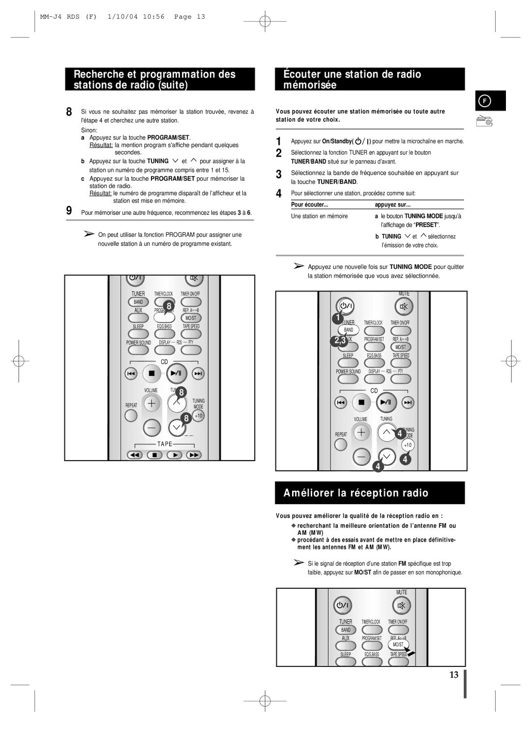 Samsung MMJ4RH/ELS manual Recherche et programmation des stations de radio suite, Écouter une station de radio mémorisée 