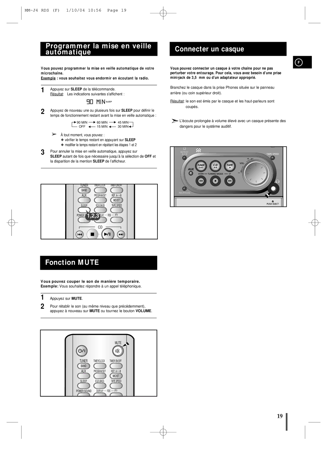 Samsung MMJ4RH/ELS manual Programmer la mise en veille automatique, Connecter un casque, Fonction Mute 