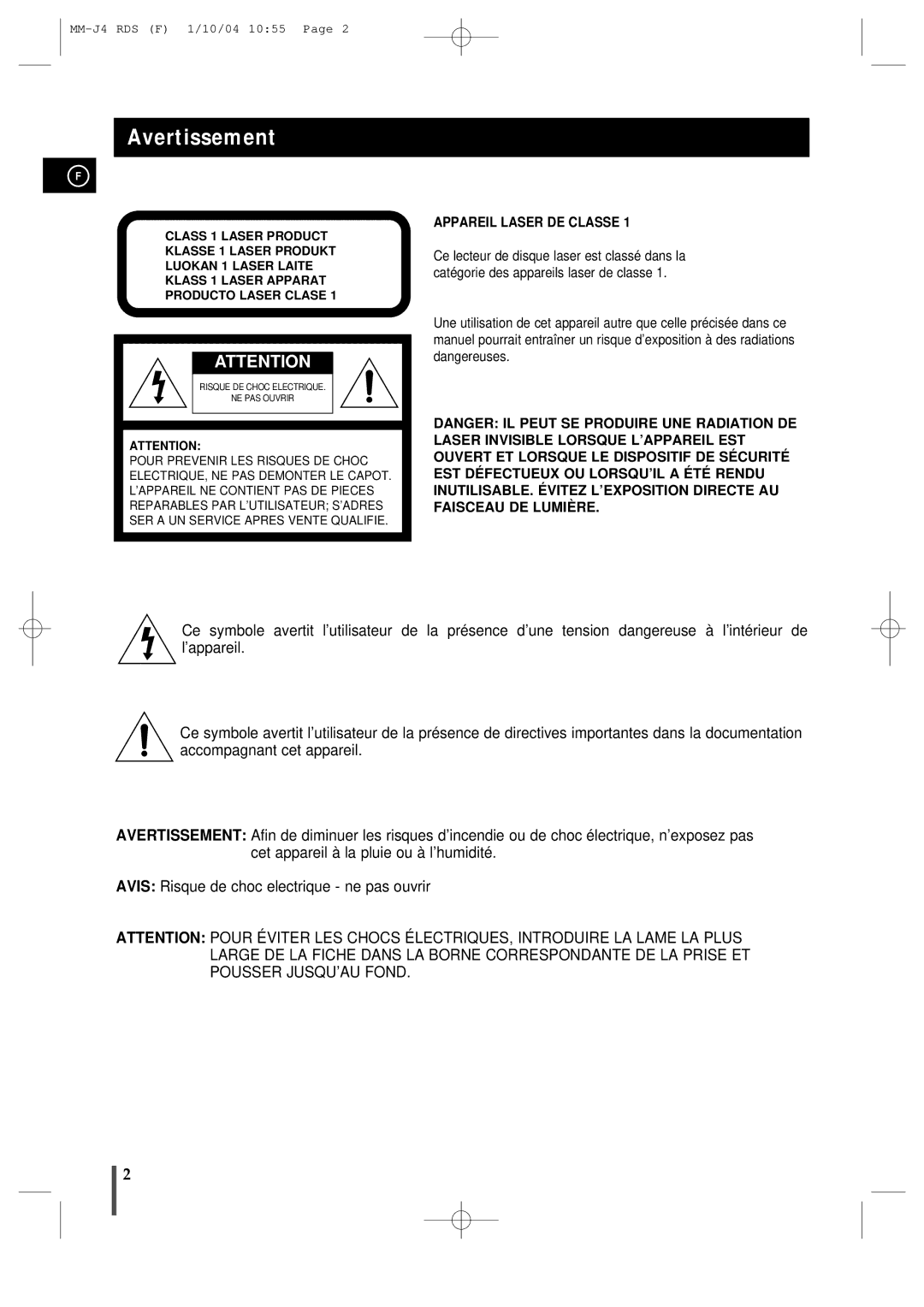 Samsung MMJ4RH/ELS manual Avertissement 