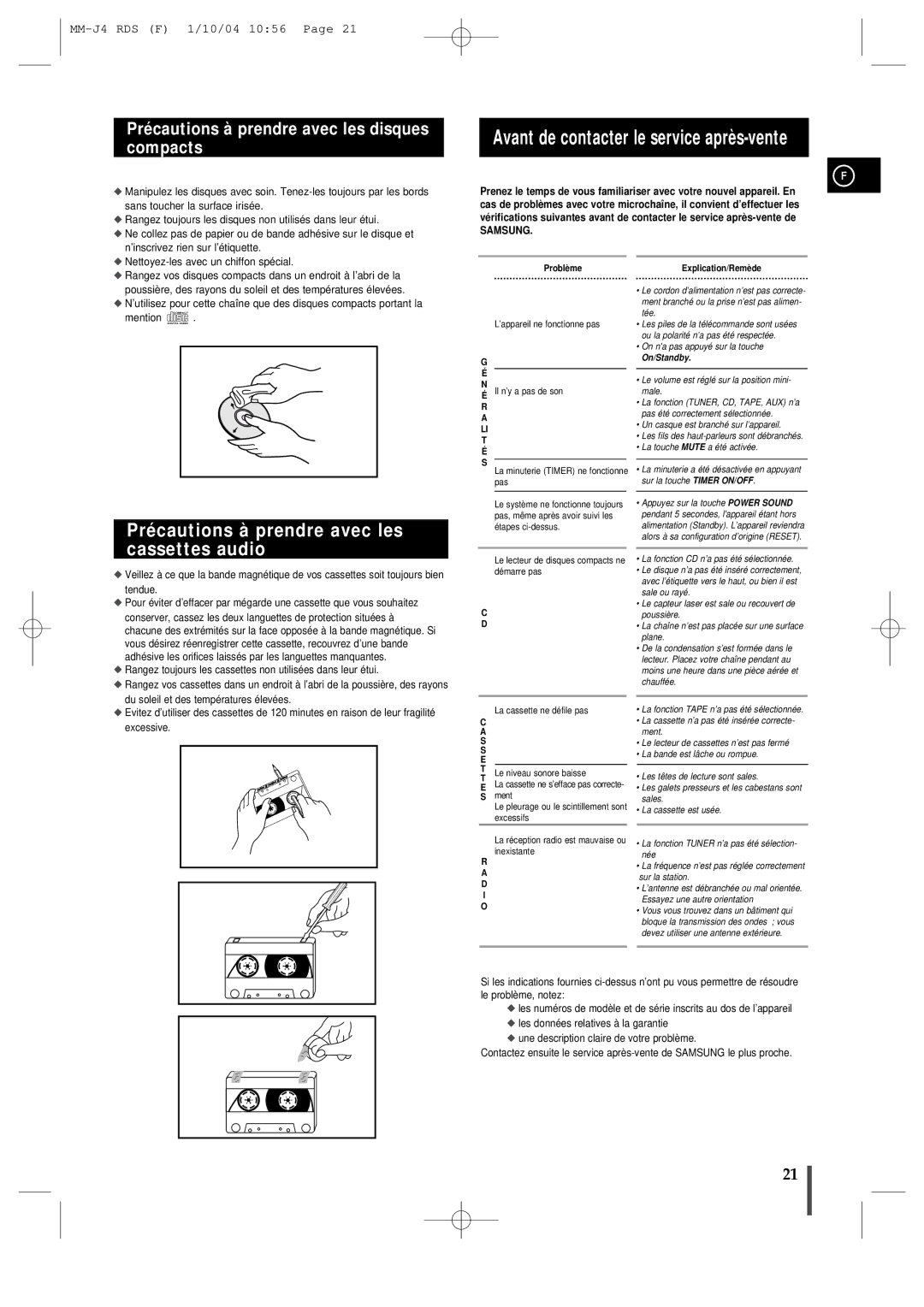 Samsung MMJ4RH/ELS manual Avant de contacter le service après-vente, Précautions à prendre avec les cassettes audio 