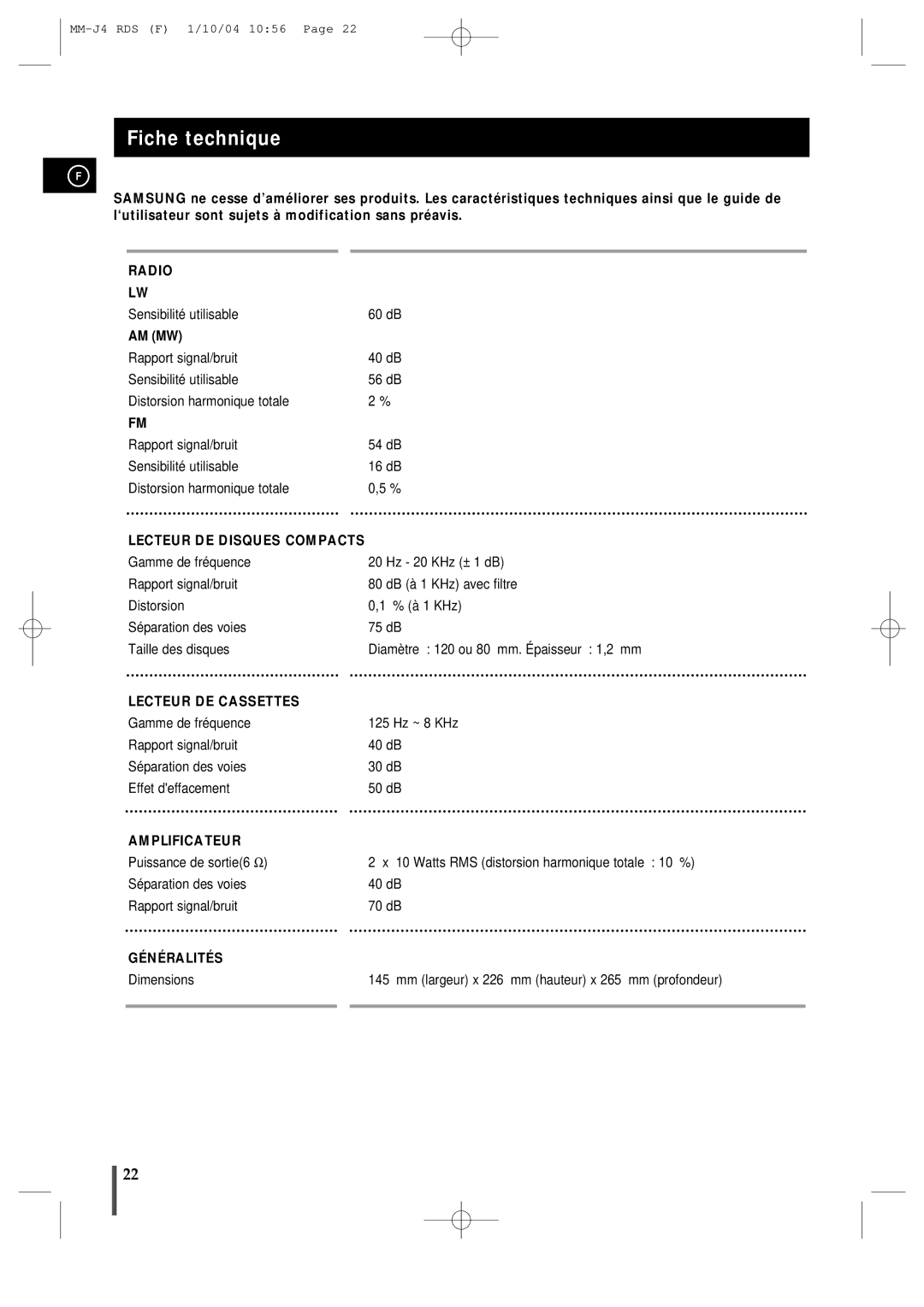 Samsung MMJ4RH/ELS manual Fiche technique, Am Mw 