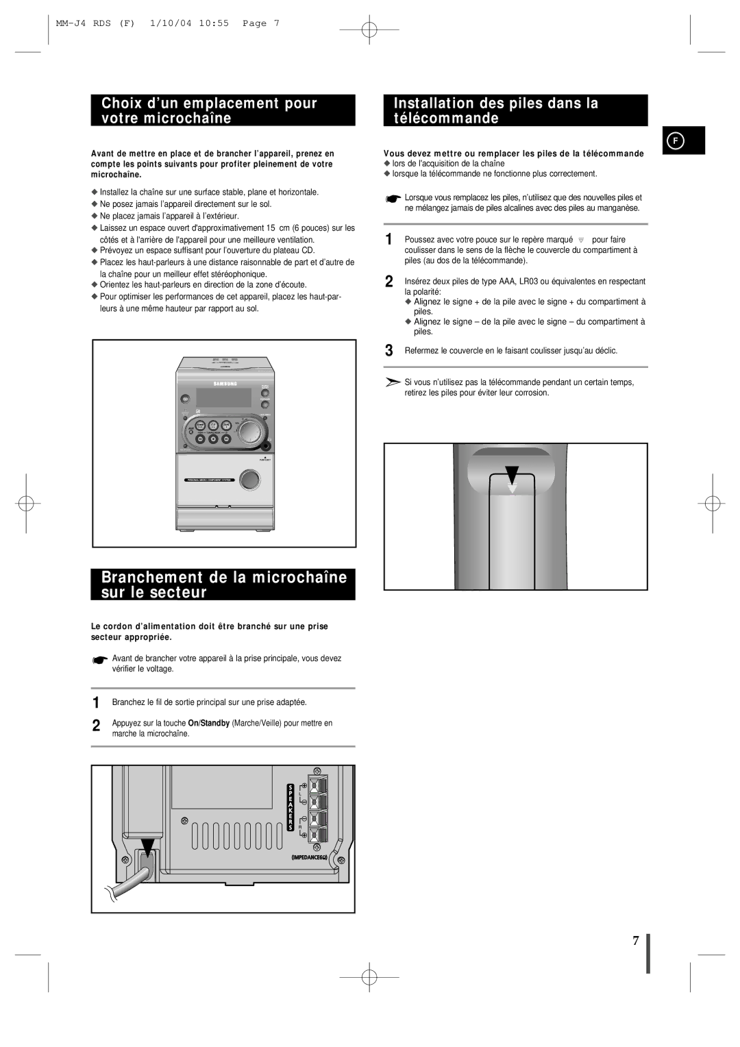 Samsung MMJ4RH/ELS manual Branchement de la microchaîne sur le secteur, Choix d’un emplacement pour votre microchaîne 