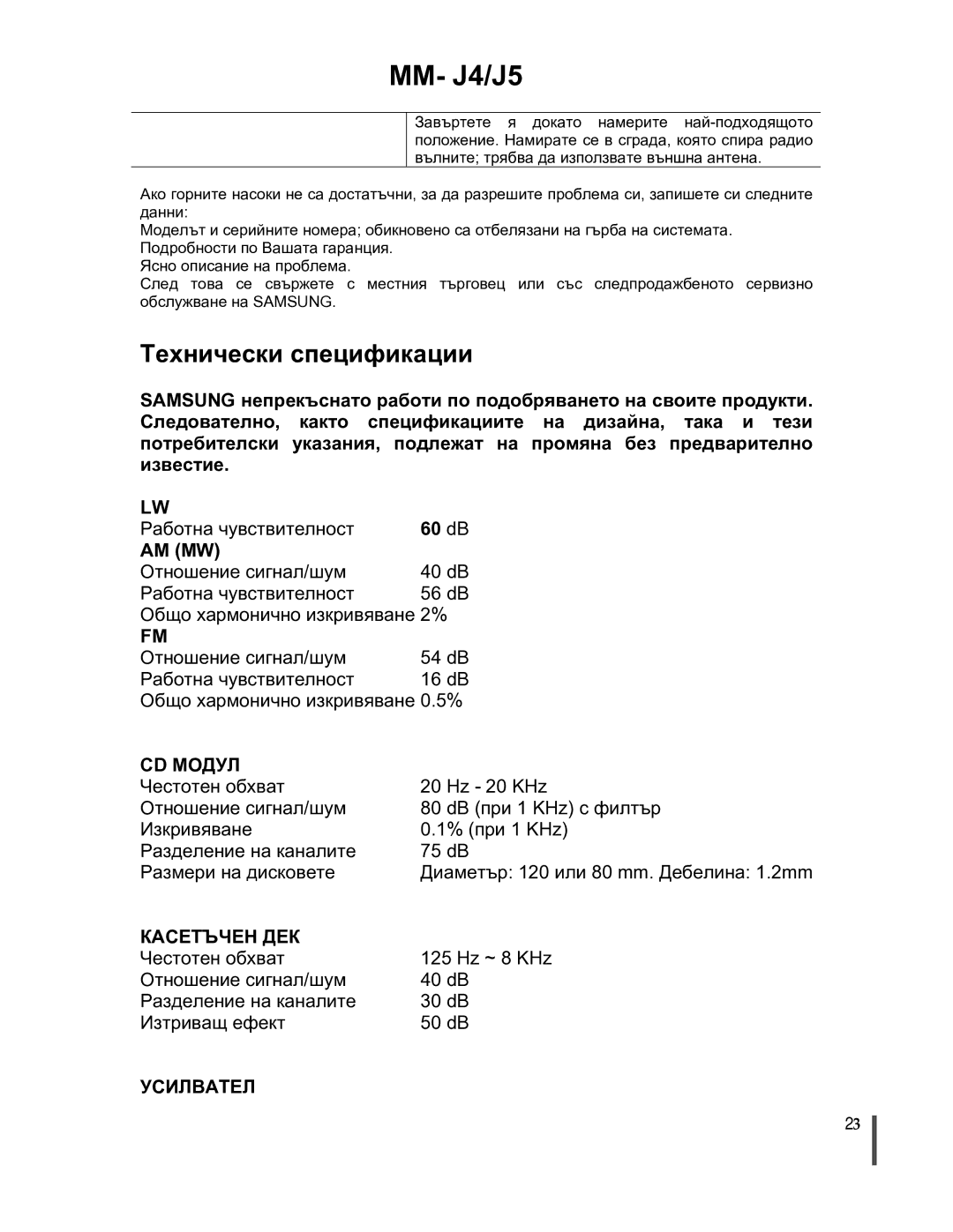 Samsung MMJ4RH/ELS manual Технически спецификации, Am Mw 